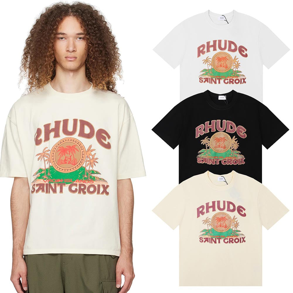 Rhude T-shirts Coconut Printed Cotton Casual Short Sleeve Men and Women