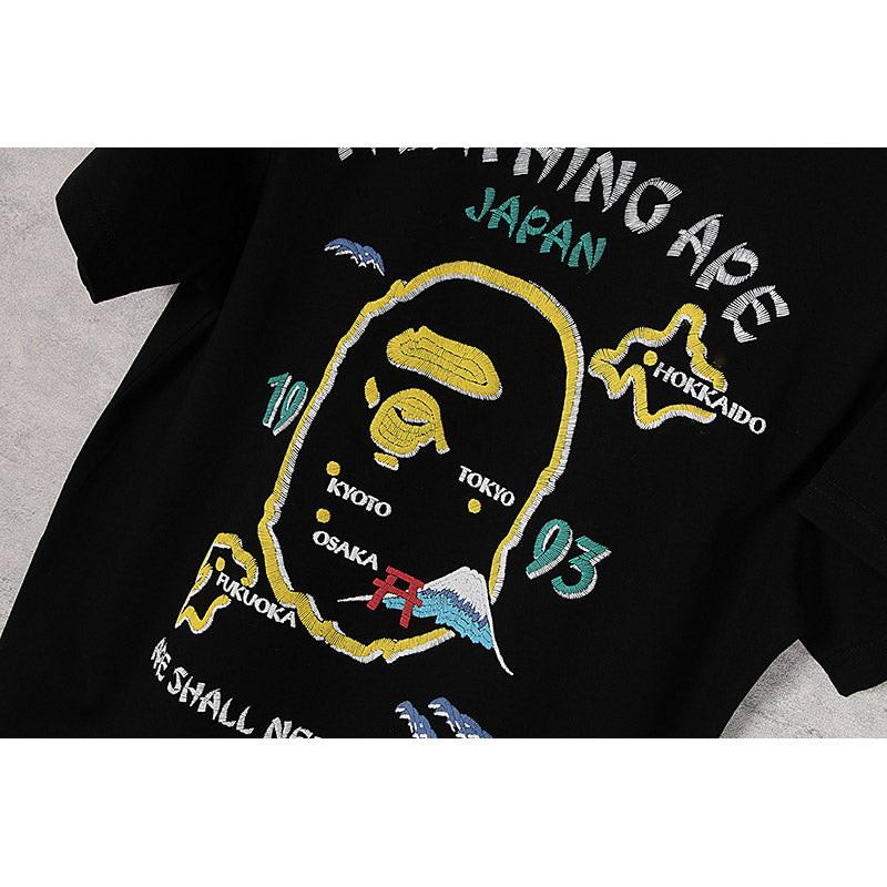 Bathing Ape T-Shirt Summer Golden Printing Men's and Women's plus Size Loose Short Sleeve