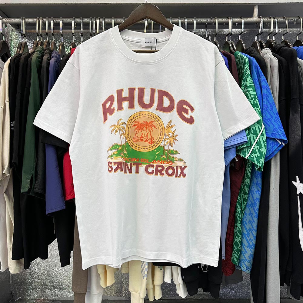 Rhude T-shirts Coconut Printed Cotton Casual Short Sleeve Men and Women