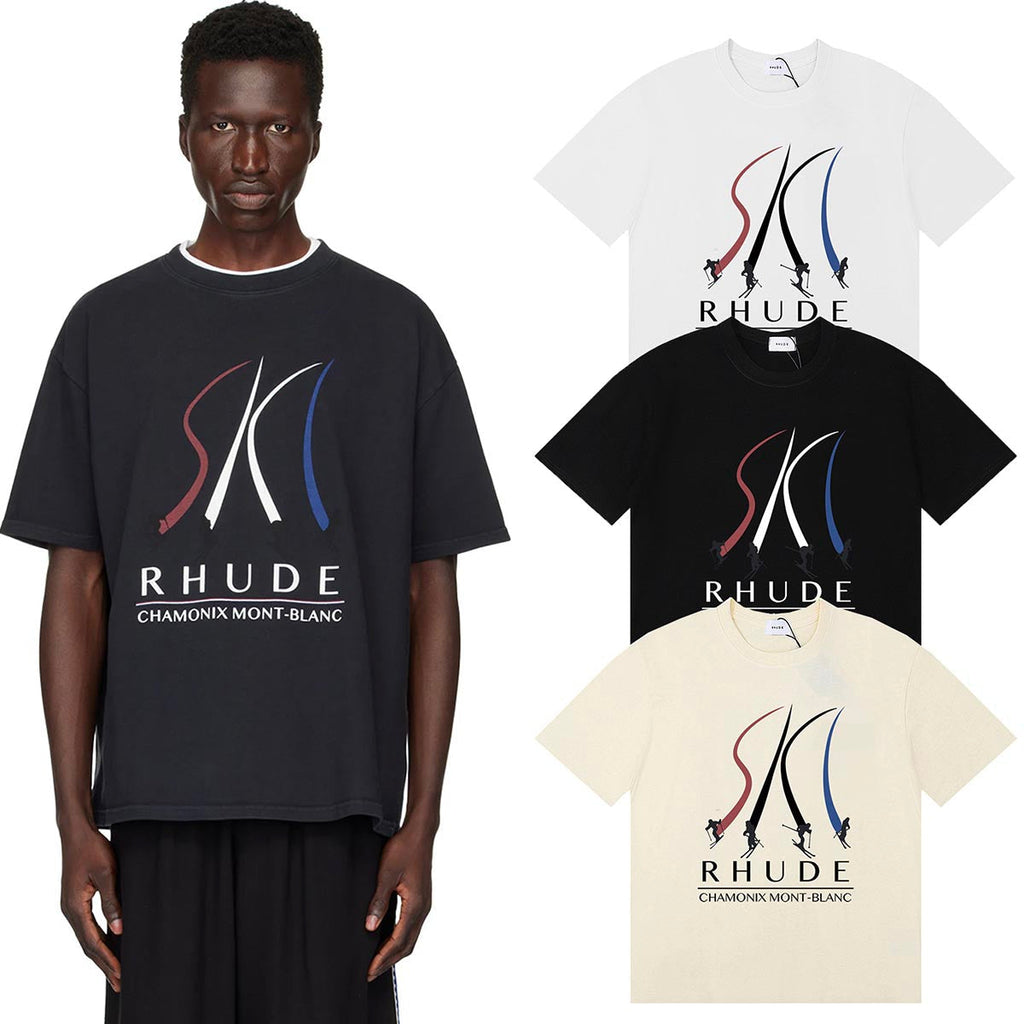 Rhude T-shirts Ski Print Cotton Short Sleeve Men and Women