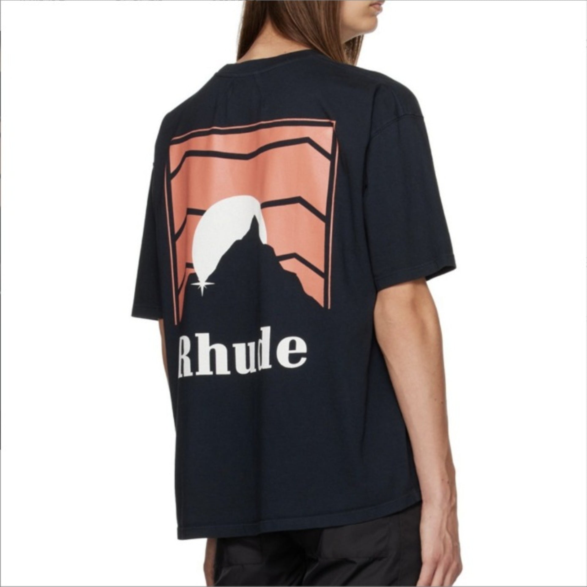 Rhude T-shirt Striped Sunset Snow Mountain Print Short Sleeve T-shirt