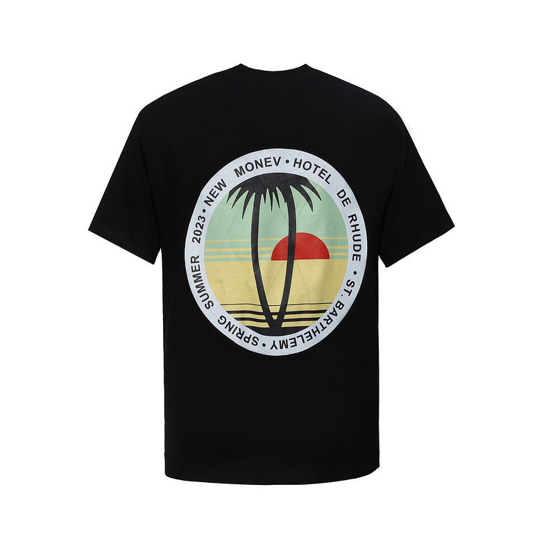 Rhude T-shirt Sunset Coconut Alphabet Print Short Sleeve T-shirt