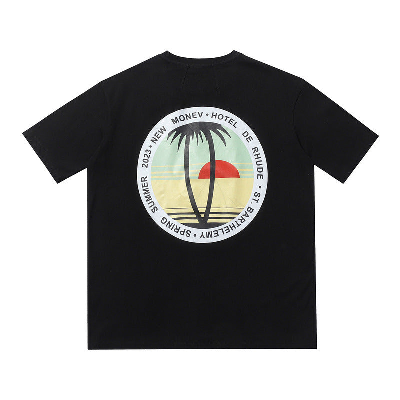 Rhude T-shirt Sunset Coconut Alphabet Print Short Sleeve T-shirt