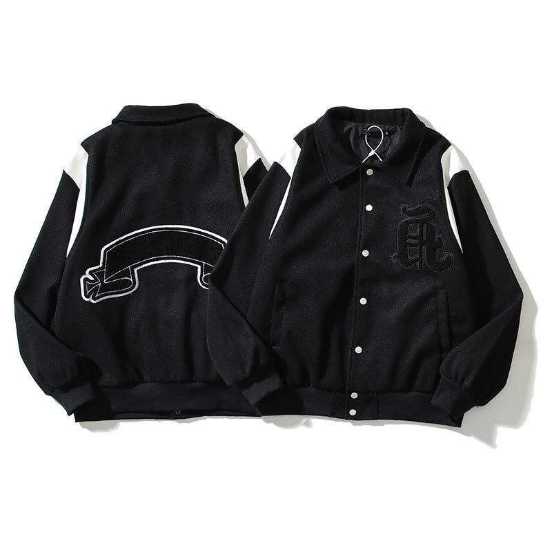 Askyurself Hoodie Embroidered Vintage Woolen Leather Patchwork Black and White Baseball Uniform