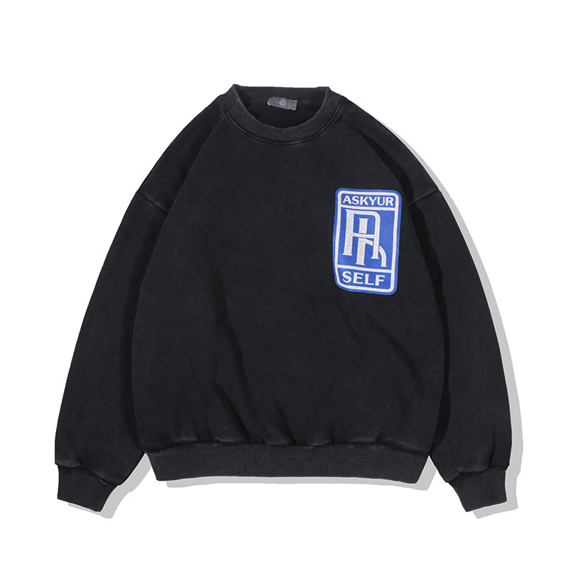 Askyurself Hoodie Men's Distressed Retro Crew Neck Sweater