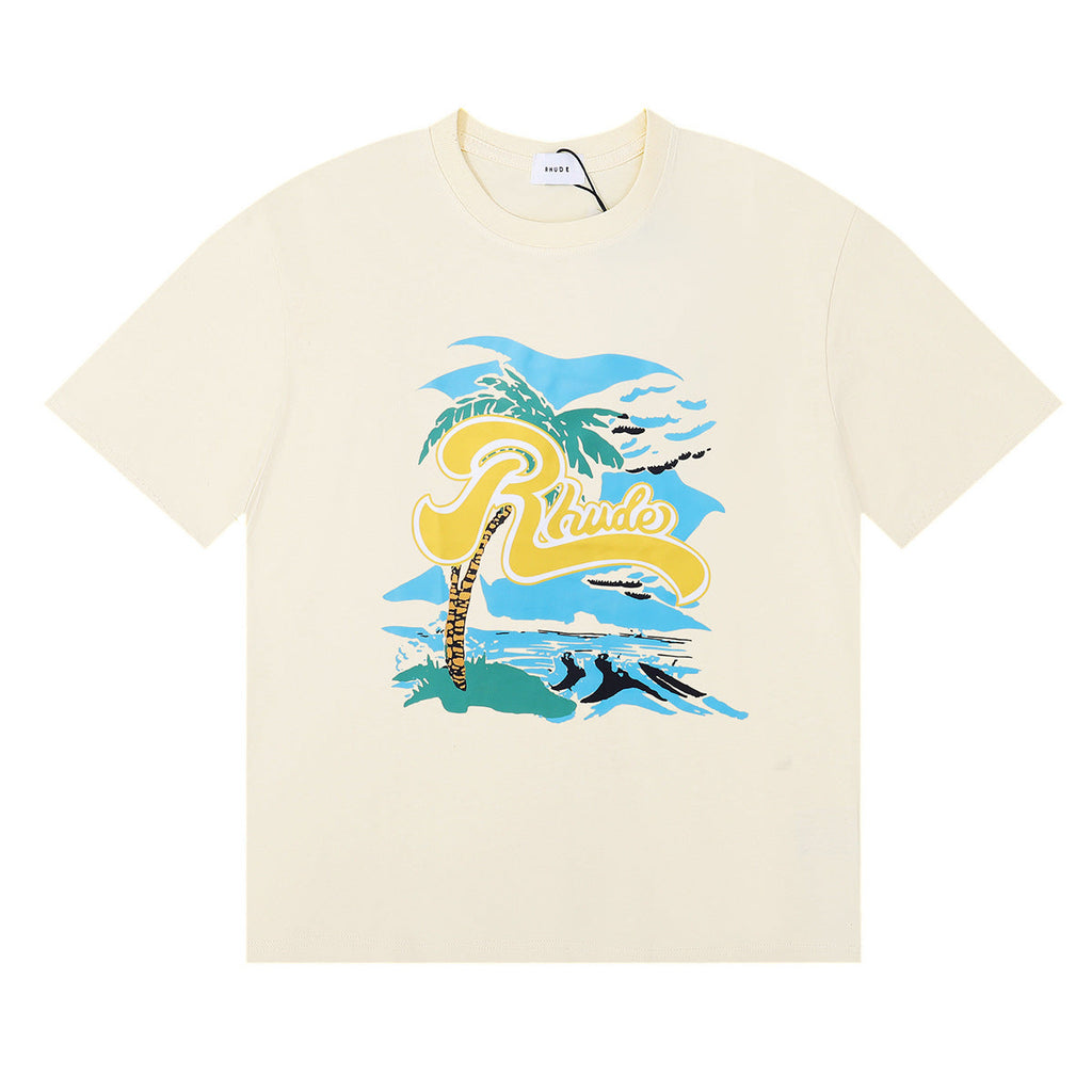 Rhude T-shirt Alphabet Coconut Racing Pattern Short Sleeve T-shirt