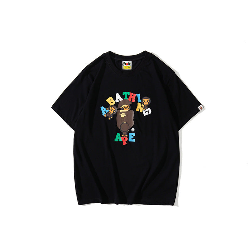 Bathing Ape T-Shirt Summer Casual Loose Large Size Short Sleeve Cartoon Letter Little Monkey T-shirt
