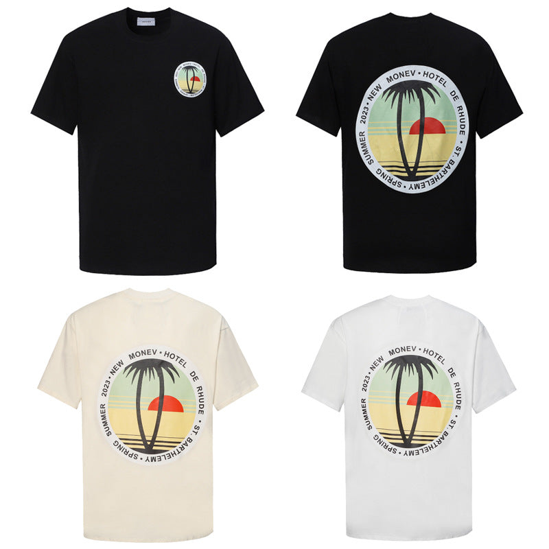 Rhude T-shirt Sunset Coconut Alphabet Print Short Sleeve T-shirt
