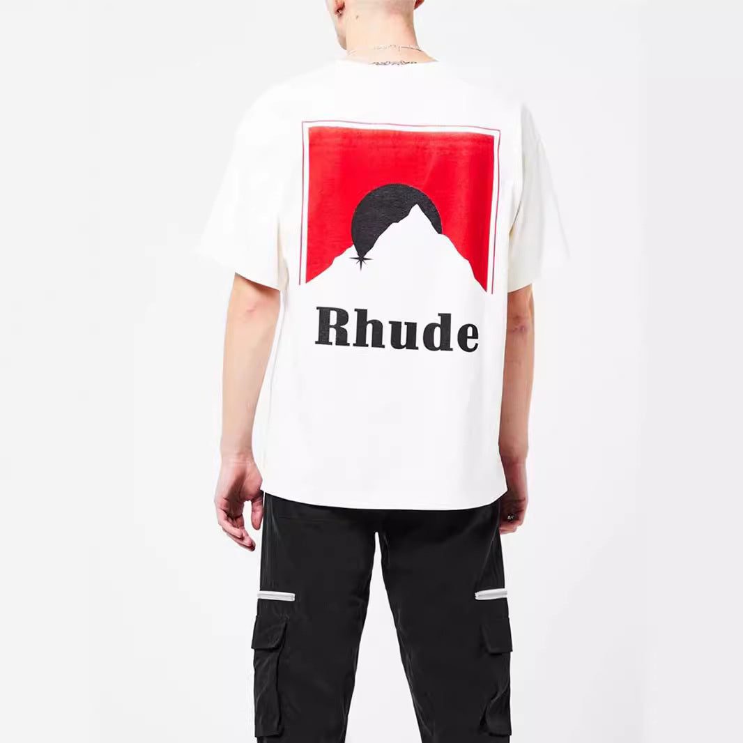Rhude T-shirt Letter Snow Mountain Sunset Pattern Short Sleeve T-shirt