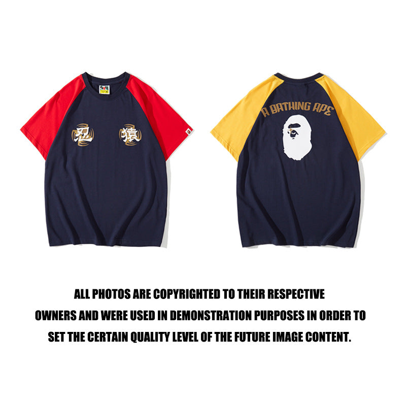Bathing Ape T-Shirt Summer Casual Loose plus Size Raglan Sleeve Color Matching T-shirt
