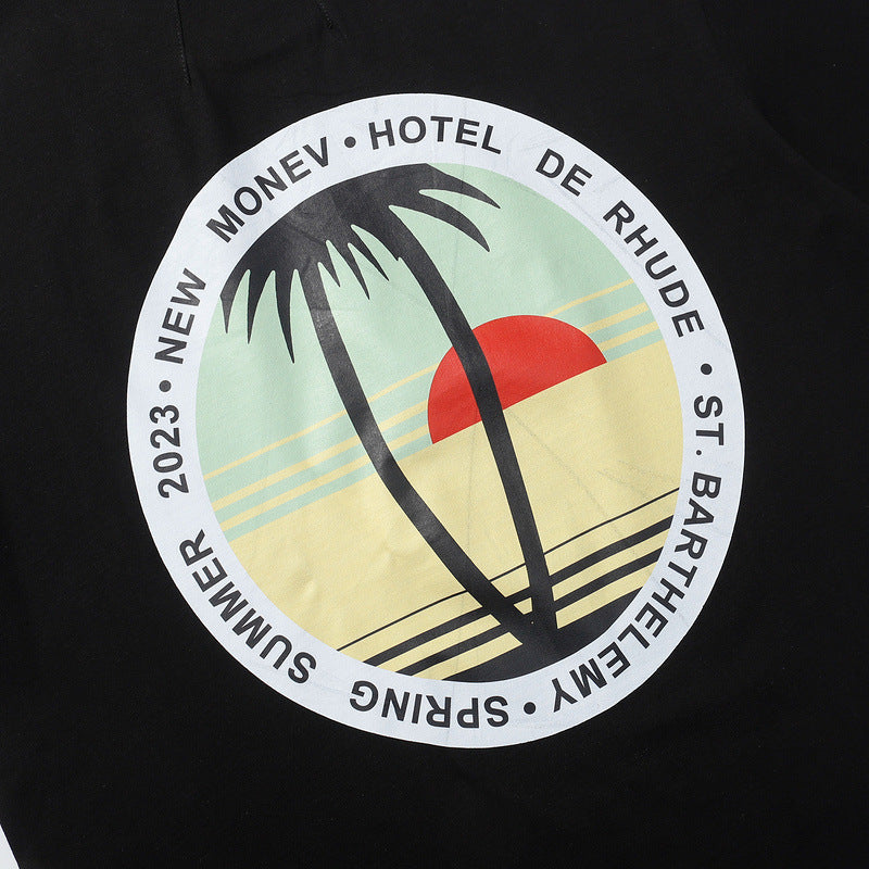 Rhude T-shirt Sunset Coconut Alphabet Print Short Sleeve T-shirt