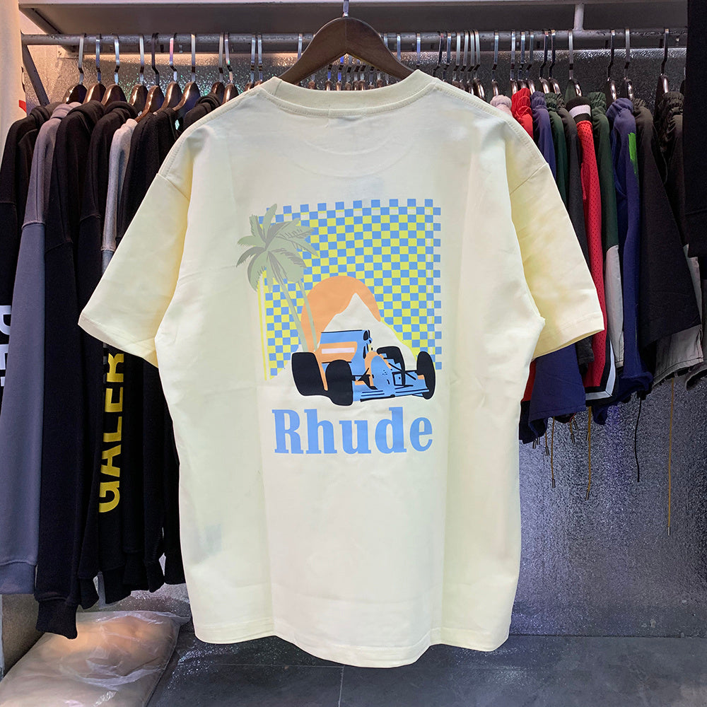 Rhude T-shirts Coconut Racing Printed Cotton Casual Short Sleeves Men and Women